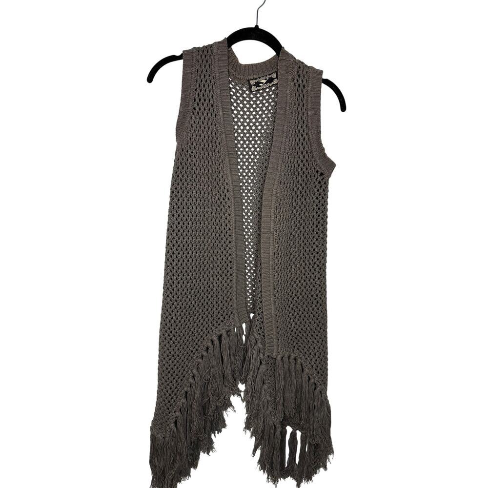 Y London Crocheted Tassel Vest Women's Size Large Gray Boho Western Vintage